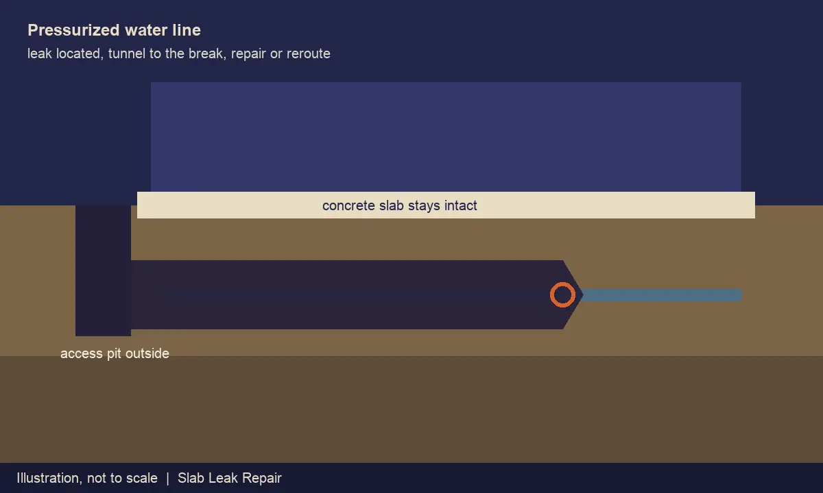 Cross-section illustration of tunneling under a concrete slab to reach a leaking water line